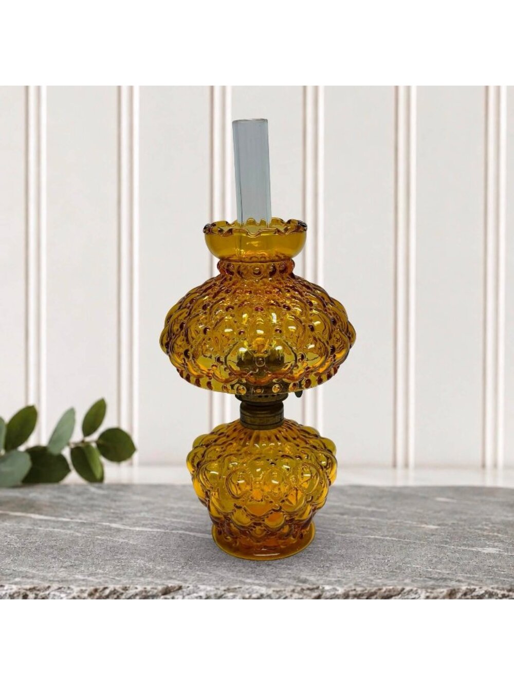 Amber Glass Oil Lamp with Brass Burner & Wire Shade Holder | Victorian Style Qui